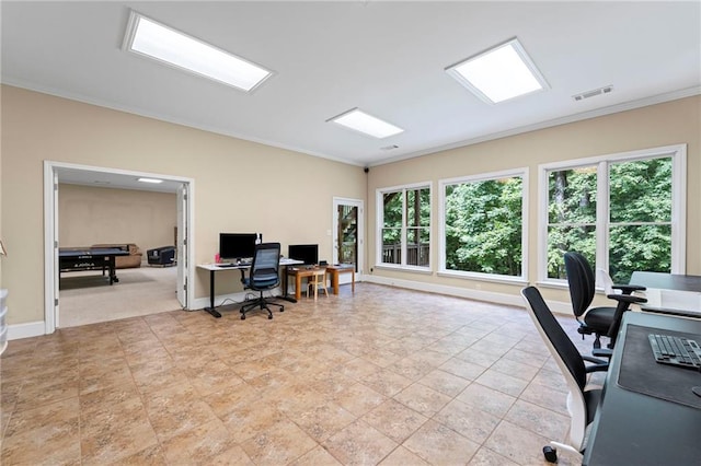 office area with ornamental molding and baseboards