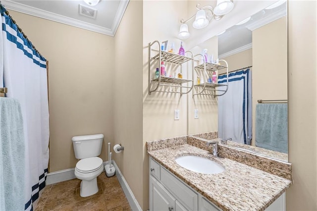 full bath featuring crown molding, baseboards, toilet, vanity, and tile patterned flooring