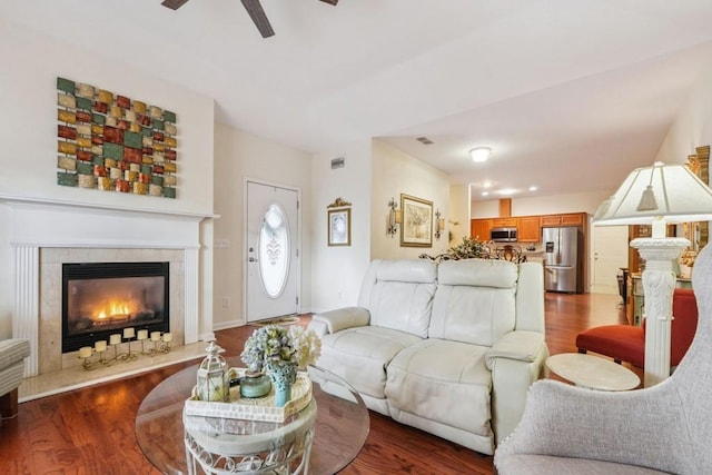 119 Holiday Rd, Unit Buford, GA 30518 - living area featuring ceiling fan, wood finished floors, and a high end fireplace