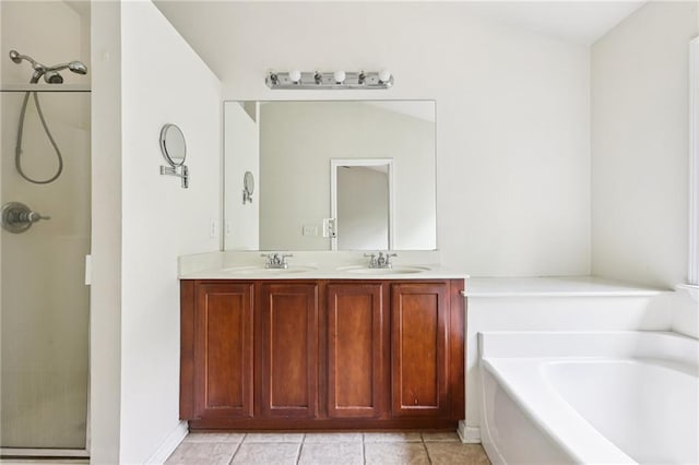 626 Pecan Knoll Dr Unit 13, Marietta, GA 30008 - full bath with a garden tub, a stall shower, double vanity, and tile patterned floors