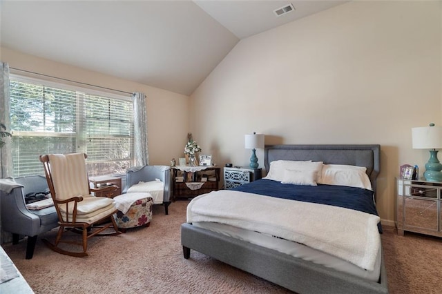 bedroom with lofted ceiling and carpet floors