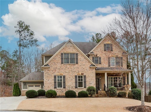 view of front of property with a garage, covered porch, and brick siding