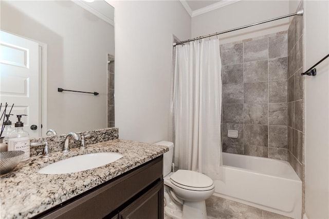 bathroom featuring crown molding, toilet, vanity, shower / bathtub combination with curtain, and tile patterned flooring