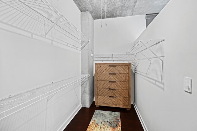 spacious closet with dark wood-style flooring