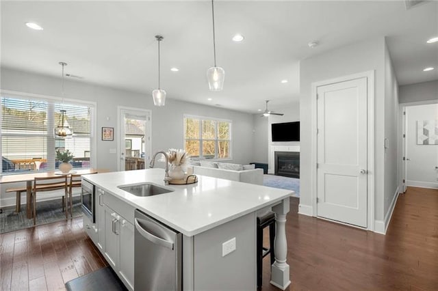 kitchen featuring light countertops, a fireplace, plenty of natural light, stainless steel appliances, and a sink