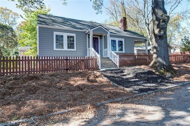 view of front facade with a fenced front yard and a chimney