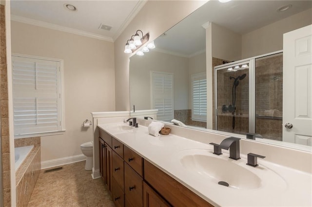 full bathroom featuring toilet, vanity, separate shower and tub, and ornamental molding