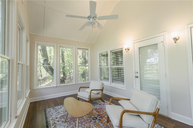 sunroom with vaulted ceiling and ceiling fan