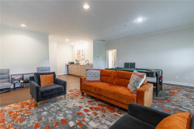 living room with wood-type flooring, ornamental molding, and sink