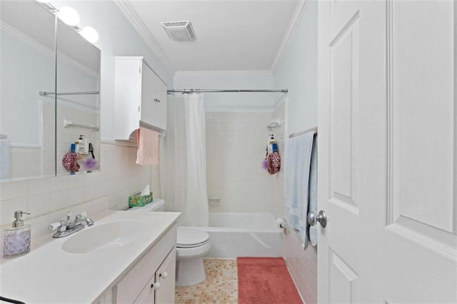 5400 Roswell Rd Apt L6, Sandy Springs, GA 30342 - full bath with vanity, shower / bath combination with curtain, tile walls, ornamental molding, and tile patterned flooring
