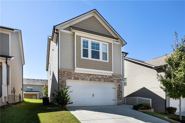 view of front of property featuring central AC unit, a garage, and a front yard