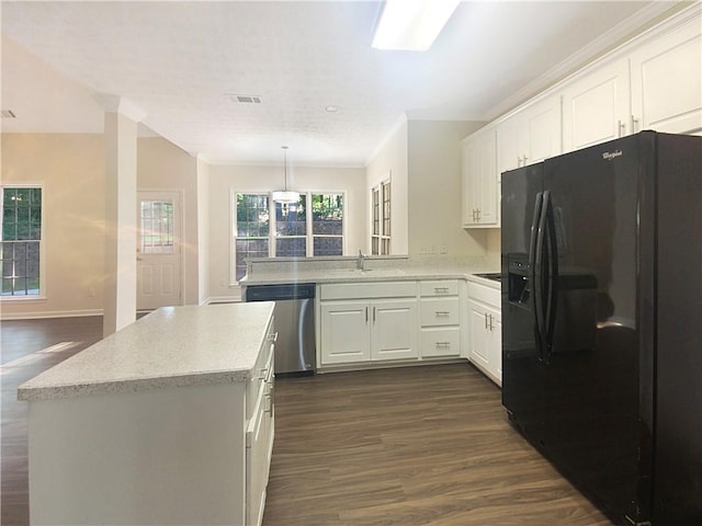 kitchen featuring white cabinets, dishwasher, dark hardwood / wood-style flooring, and black fridge with ice dispenser