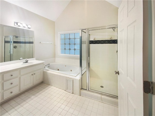 bathroom with separate shower and tub, tile patterned flooring, vanity, and vaulted ceiling