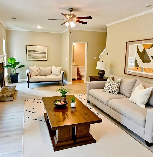 377 Fieldcrest Dr, Dallas, GA 30132 - living area with ornamental molding, ceiling fan, light wood-style flooring, a fireplace with raised hearth, and baseboards