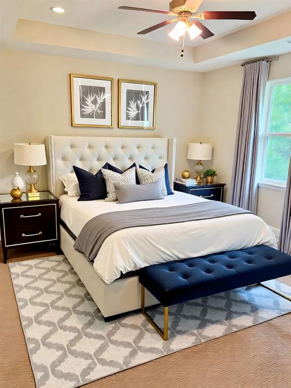377 Fieldcrest Dr, Dallas, GA 30132 - bedroom featuring a tray ceiling, a ceiling fan, and recessed lighting