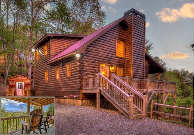 43 Dustin Dr S, Ellijay, GA 30540 - rear view of property with metal roof, a chimney, log exterior, and a deck