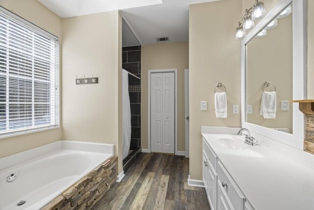 bathroom with wood finished floors, a garden tub, vanity, and a healthy amount of sunlight