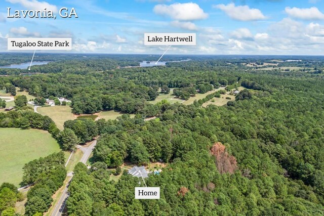 bird's eye view featuring a wooded view