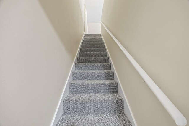 stairway featuring baseboards and carpet