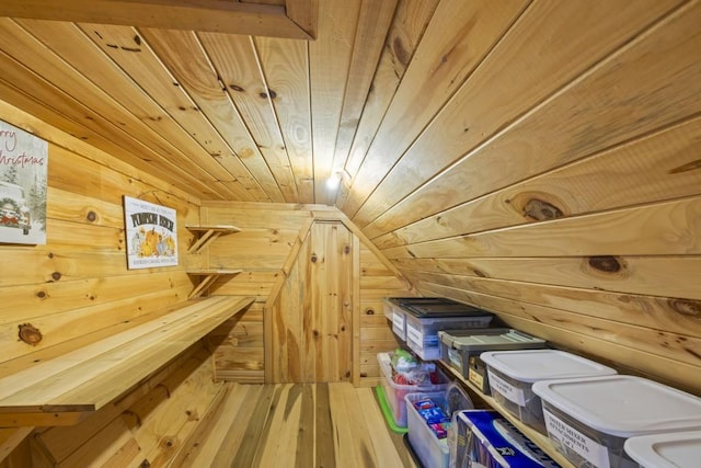 view of sauna / steam room featuring wood walls, wood-type flooring, and wood ceiling