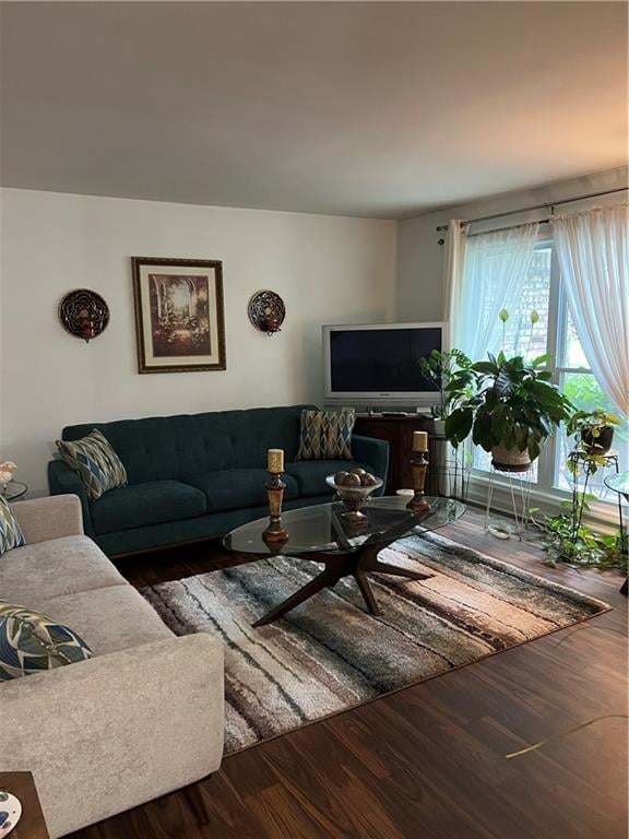 living room with dark wood-type flooring