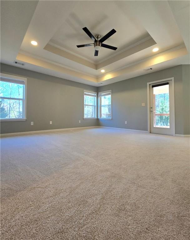 carpeted spare room with ceiling fan, a healthy amount of sunlight, and a raised ceiling