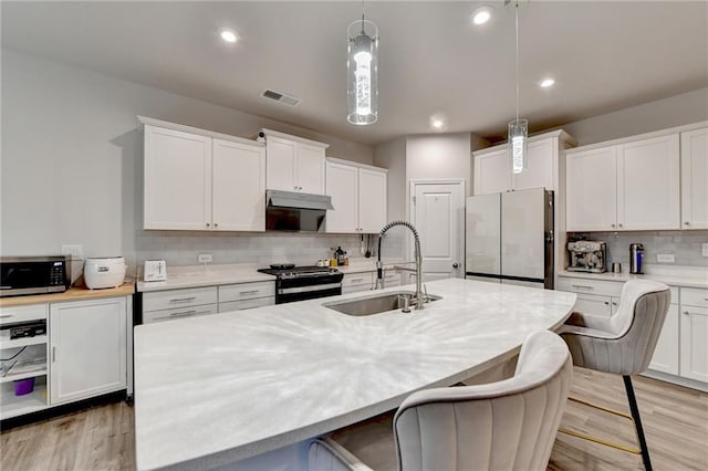 5452 Fountainhead Ln, Auburn, GA 30011 - kitchen with under cabinet range hood, tasteful backsplash, a sink, light wood-style flooring, and stainless steel appliances