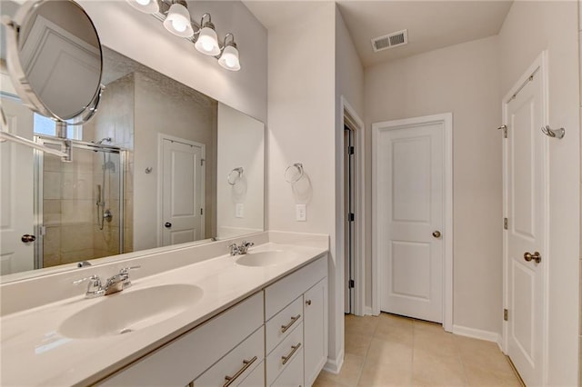 5452 Fountainhead Ln, Auburn, GA 30011 - bathroom with visible vents, a sink, tile patterned flooring, and a stall shower