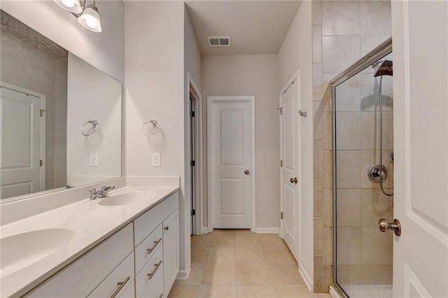 5452 Fountainhead Ln, Auburn, GA 30011 - full bathroom with visible vents, tile patterned flooring, double vanity, a shower stall, and a sink