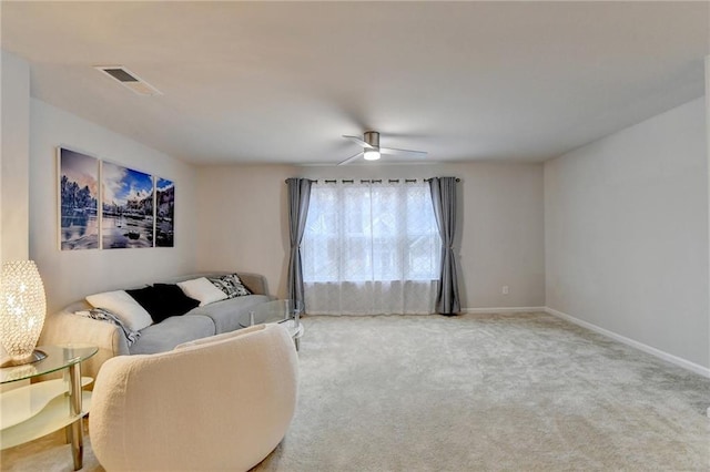 5452 Fountainhead Ln, Auburn, GA 30011 - carpeted living area with a ceiling fan, baseboards, and visible vents