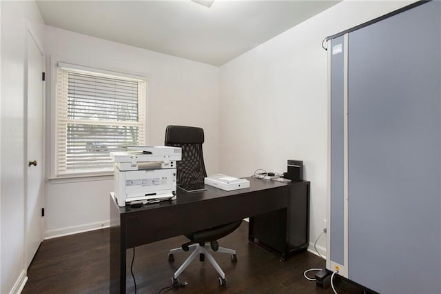 home office with wood finished floors and baseboards