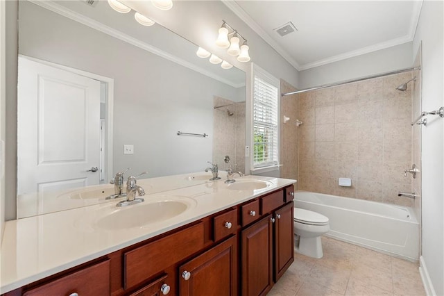 4677 Prater Way SE, Smyrna, GA 30080 - bathroom with double vanity, shower / bathtub combination, crown molding, toilet, and tile patterned flooring