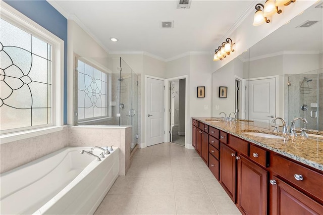 4677 Prater Way SE, Smyrna, GA 30080 - bathroom featuring plenty of natural light, a stall shower, a garden tub, double vanity, and ornamental molding