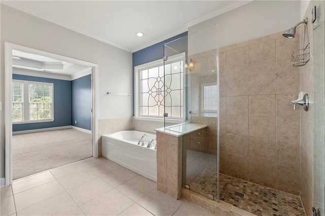 4677 Prater Way SE, Smyrna, GA 30080 - bathroom with a stall shower, a garden tub, tile patterned flooring, crown molding, and recessed lighting
