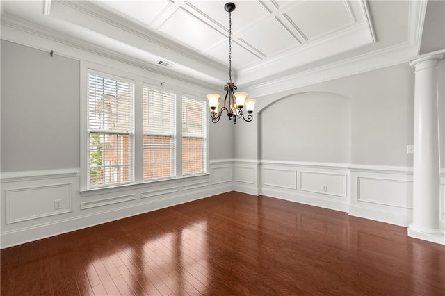 4677 Prater Way SE, Smyrna, GA 30080 - unfurnished room featuring ornate columns, ornamental molding, wainscoting, a chandelier, and wood finished floors
