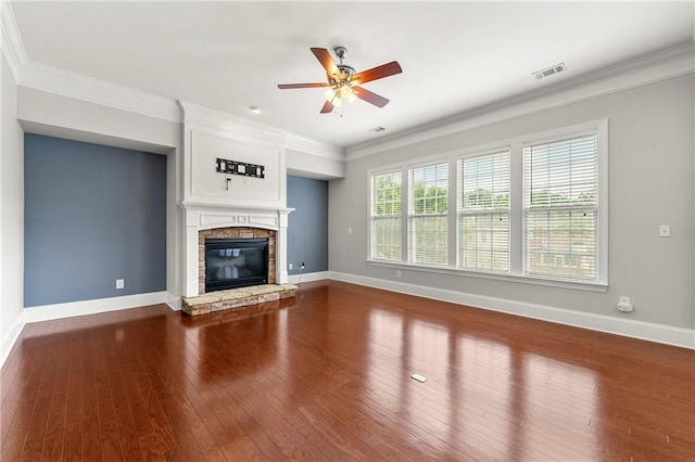4677 Prater Way SE, Smyrna, GA 30080 - unfurnished living room with baseboards, ceiling fan, dark wood-style flooring, ornamental molding, and a fireplace