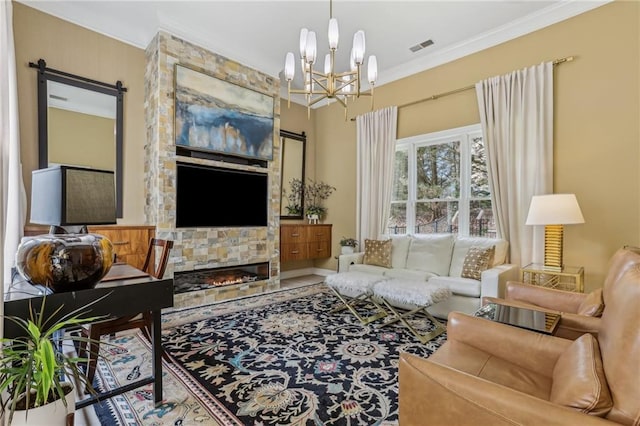 7540 Shadburn Ferry Rd, Cumming, GA 30041 - living room with ornamental molding, a chandelier, a barn door, and a stone fireplace