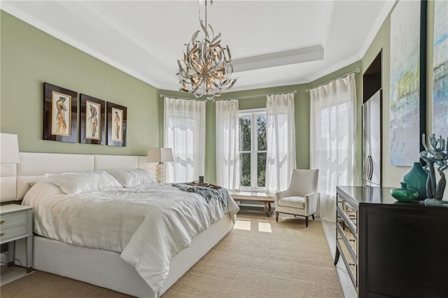 7540 Shadburn Ferry Rd, Cumming, GA 30041 - bedroom featuring a chandelier, a raised ceiling, and crown molding