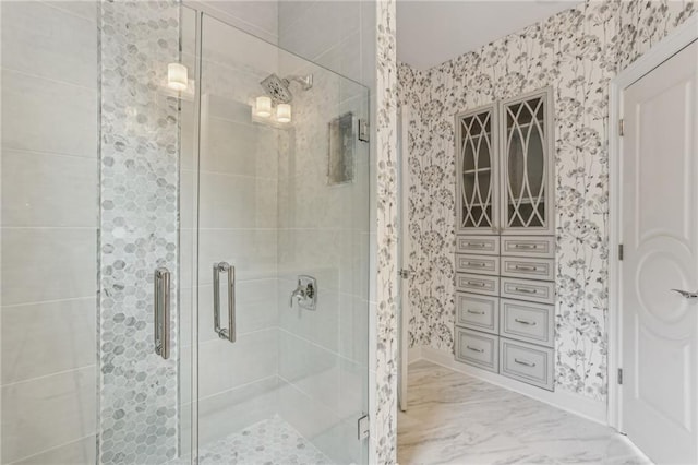 7540 Shadburn Ferry Rd, Cumming, GA 30041 - bathroom with a shower stall, wallpapered walls, and marble finish floors