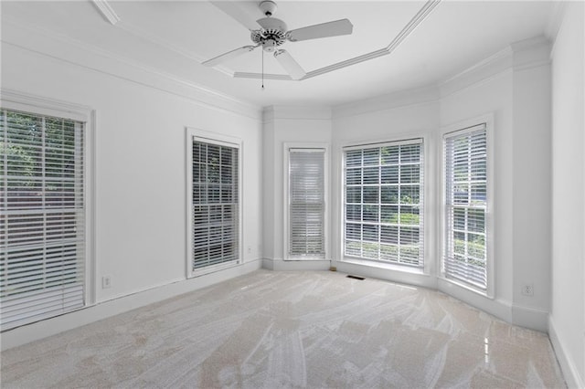 empty room with ceiling fan, a raised ceiling, ornamental molding, and light colored carpet