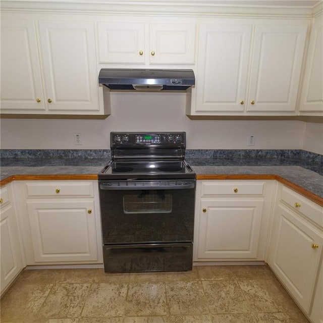 kitchen featuring black range with electric cooktop, exhaust hood, and white cabinets