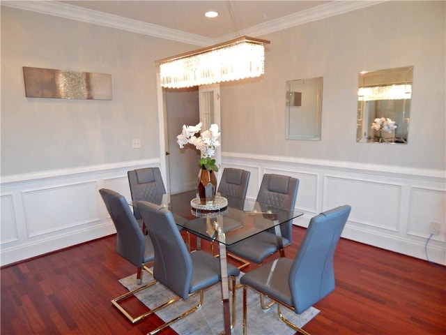 dining space featuring dark wood-style floors, recessed lighting, electric panel, and ornamental molding