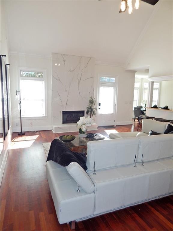 living room featuring wood finished floors, vaulted ceiling, and a premium fireplace