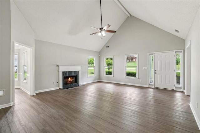 unfurnished living room with dark wood-style flooring, ceiling fan, a fireplace, high vaulted ceiling, and visible vents