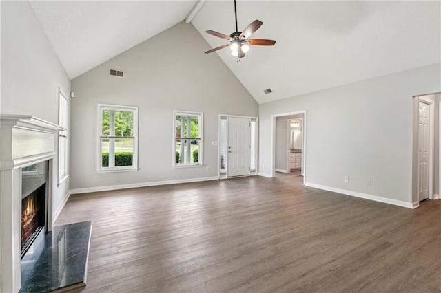 unfurnished living room featuring dark wood-style flooring, a premium fireplace, high vaulted ceiling, a ceiling fan, and visible vents