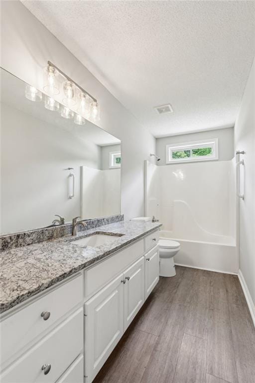 bathroom with vanity, a textured ceiling, wood finished floors, and toilet