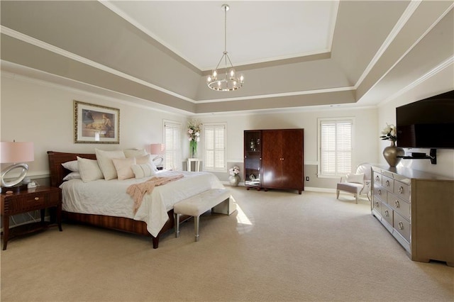 carpeted bedroom featuring a raised ceiling, crown molding, and an inviting chandelier