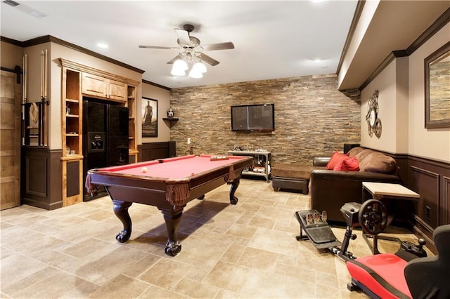 game room featuring ceiling fan, crown molding, and billiards