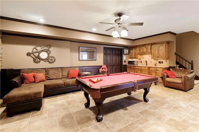 playroom with ceiling fan, pool table, and ornamental molding