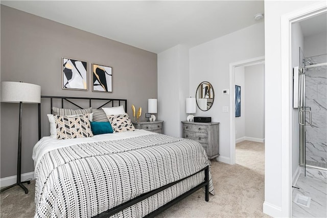 bedroom featuring light carpet